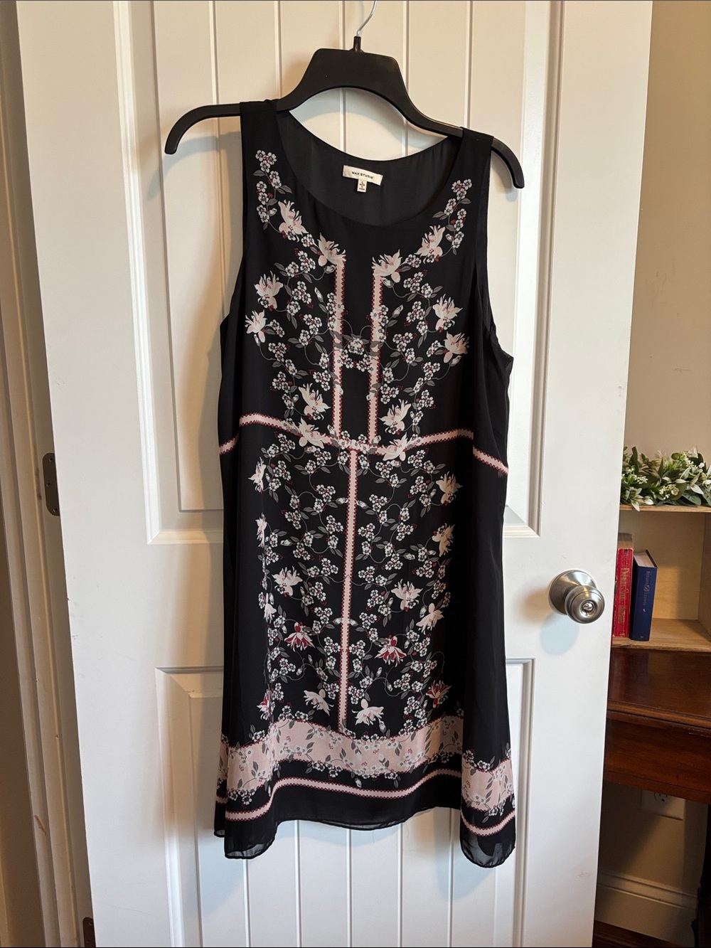 Max Studio Black Midi Dress with Pink and Gray Floral Pattern. Size Large.